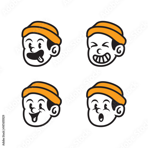 Cartoon vector set of boy with orange beanie hat showing happy, angry, winking, and serious expressions. Flat retro style character face illustration on white background.

