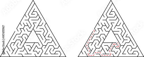 Triangular maze puzzle with solution path showing the right way to complete the game