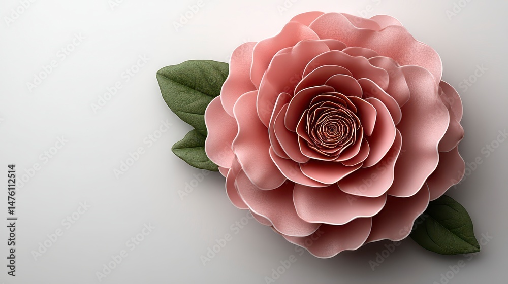 Fototapeta premium Elegant Pink Rose Flower with Leaves Minimalist Floral Design Close Up
