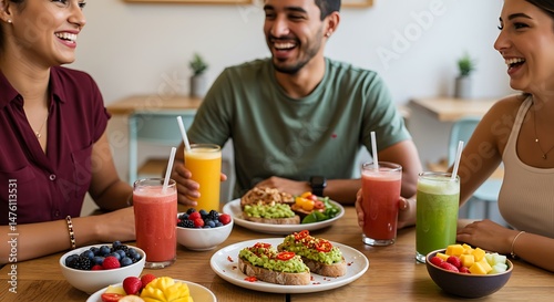 People Enjoying Healthy Brunch with Fruit, Smoothie, and Avocado Toast