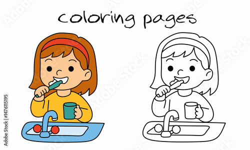 Cartoon Girl Brushing Teeth Coloring Page – Dental Hygiene for Kids