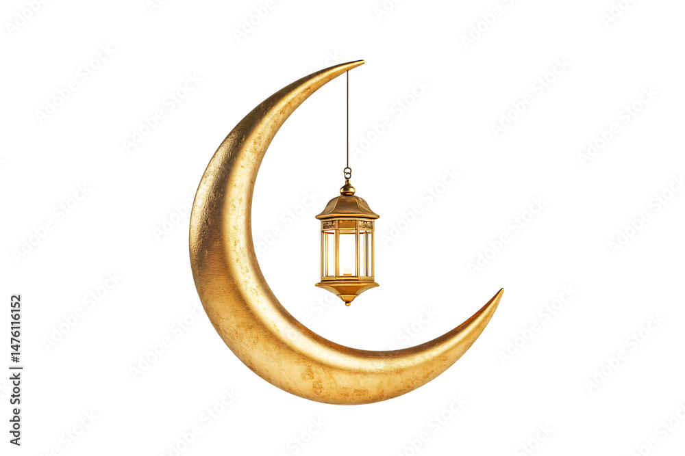 Fototapeta premium Golden Crescent Moon with Hanging Lantern on Transparent Background