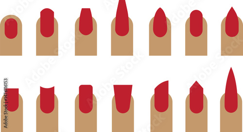 Natural fashion trend female nail manicure shapes flat icons set. Oval square lipstick Ballerina fingernail visual Styles swanky isolated on transparent background. Beauty spa salon woman symbols.