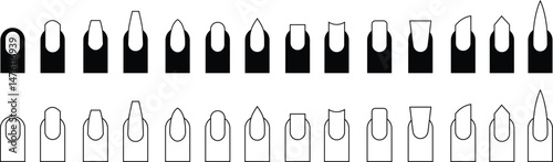 Natural fashion trend female nail manicure shapes flat, outline icons set. Oval square lipstick Ballerina fingernail visual Styles swanky isolated on transparent background. Beauty spa salon symbols.