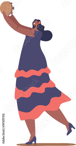 Latino female musician playing tambourine