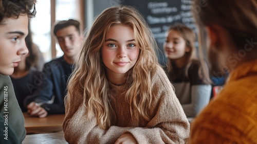A kind-hearted teenager feeling guilty while interacting with a popular crowd. with subtle hints of her old friends in the background. Warm lighting emphasizes inner conflict.