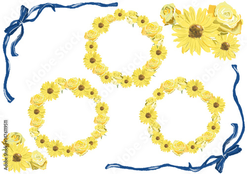 黄色い花と青いリボンのフレームセット