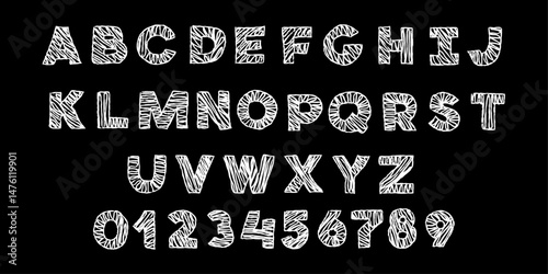 vector chalk kids drawing font. Cartoon white clip art isolated on black background. Hand drown design element. 