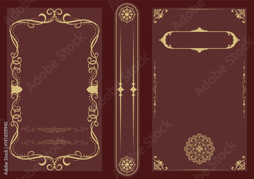 Elegant vintage book cover design featuring golden ornamental elements on a dark burgundy background. Ideal for classic book templates, wedding invitations, or luxury packaging.