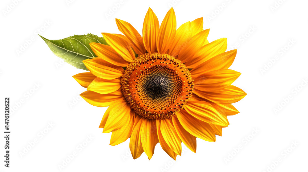 Naklejka premium Vibrant sunflower with golden petals and detailed center is displayed in top view, showcasing its natural beauty and intricate patterns. green leaf adds contrast