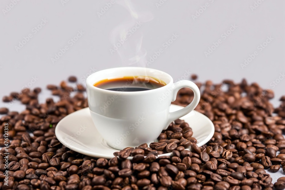 Fototapeta premium A cup of steaming coffee surrounded by coffee beans