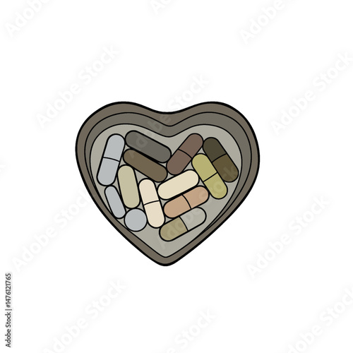 Collection of medicine pills of various colors in love shape place. Medicine pill and capsule icon vector set illustration sign pharmacy prescription antibiotic medical for web and app
