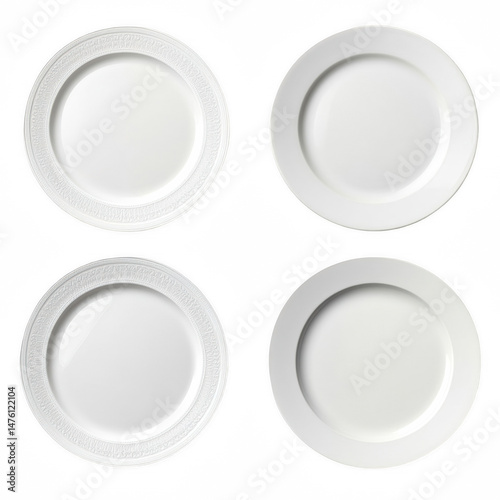 Four white ceramic plates on a clean background. Top and bottom views with subtle shadows. Minimal dining harmony and organized lifestyle concept. Ideal for menus, branding, and product mockups.