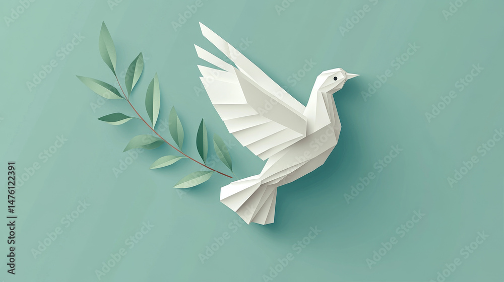 Fototapeta premium An origami dove with an olive branch celebrates Peace Day in a clean and modern flat vector style