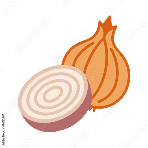 Stylized illustration of whole and sliced onion on black