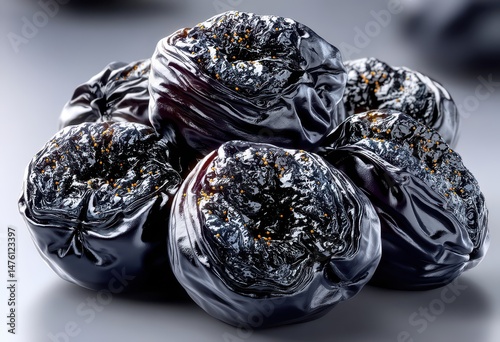 Close-Up View of Glazed Black Prunes Piled Against a Soft Gray Background Showing Textures and Reflections in a Studio Setting