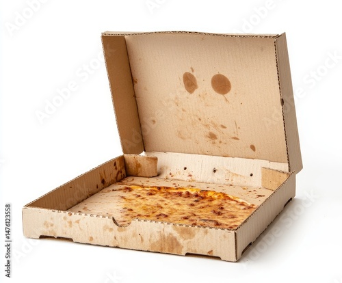 Empty pizza box with grease stains and leftover cheese
