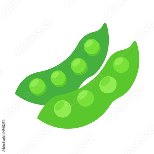 Two green pea pods with peas on black background