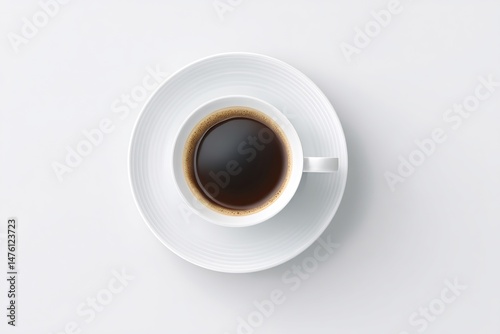 Minimalist aesthetic: Aerial view of coffee cup and saucer on white backdrop