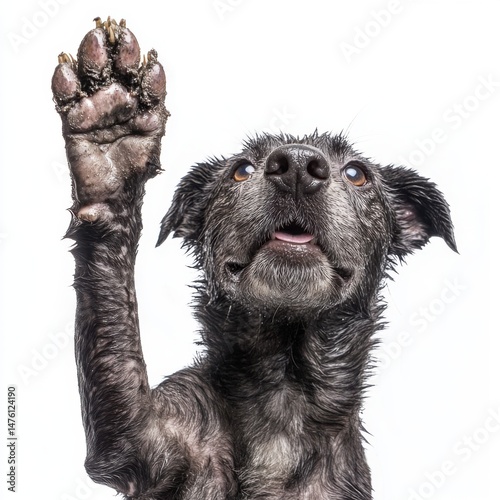 Wet dog raising muddy paw close-up on white background looking up with tongue out asking for attention