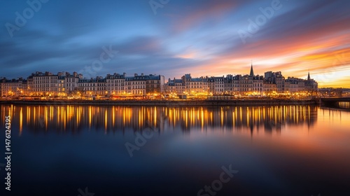 Elegant Reflection of a European City Skyline at Dusk with Vibrant Colors and Lights