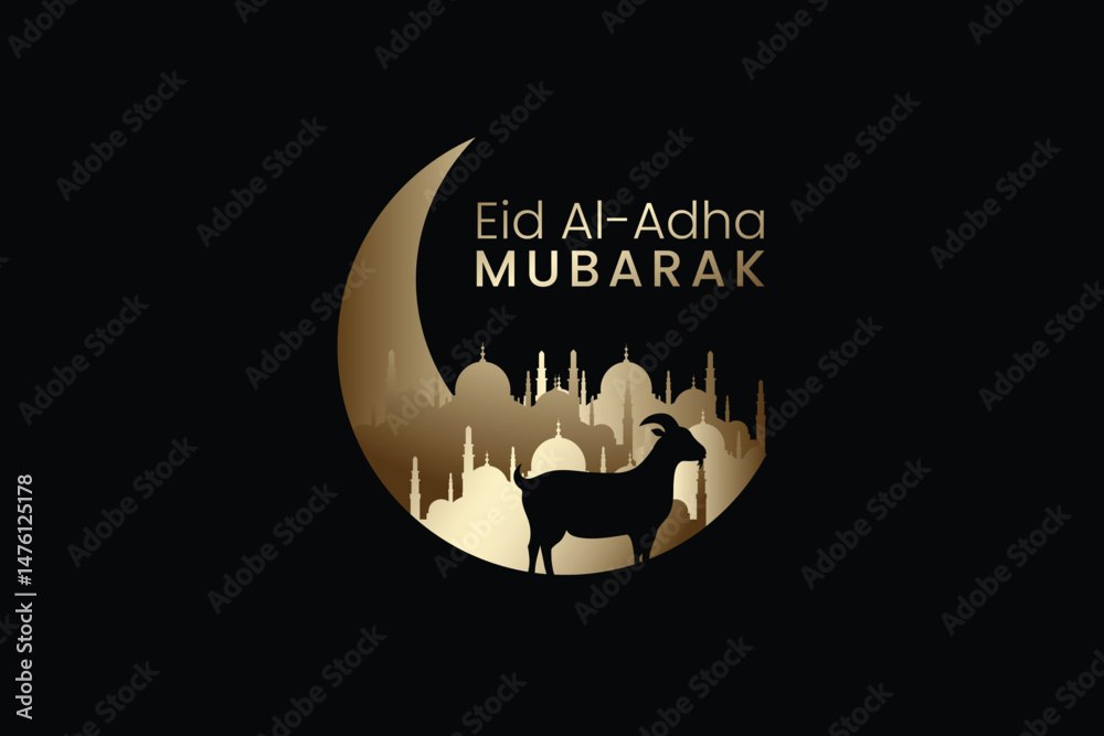 Naklejka premium Eid al-Adha Mubarak with Crescent Moon, Goat and Mosque as Background.