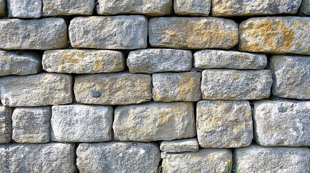 Obraz premium Stone Wall Texture: A detailed close-up shot of a rustic stone wall, showcasing the unique texture and color variations of the stones. The image offers a natural, earthy feel.