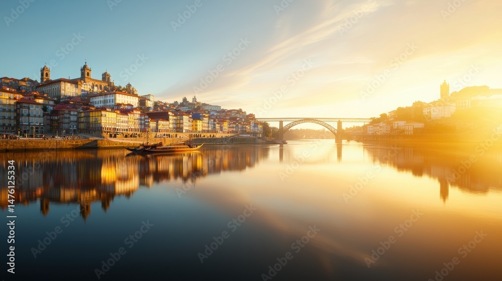 Fototapeta premium Enchanting View of a European City Reflected on Water at Sunset