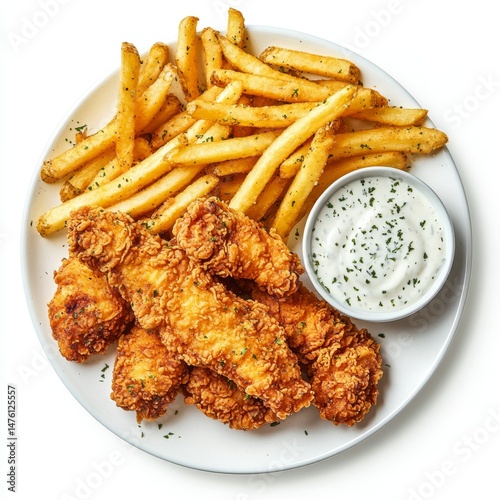 Crispy chicken tenders and french fries with creamy dipping sauce