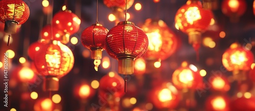 a vibrant display of crimson chinese lanterns illuminates a festive occasion, creating a warm and inviting ambiance with their glowing light and intricate designs
