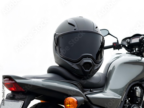 Helmet Ready Matte Black Motorcycle Helmet on Bike Seat Generative AI