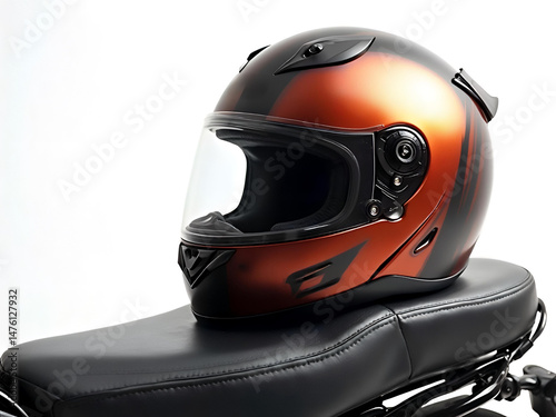 Gear Ready Stylish Helmet Resting on a Motorcycle Seat Generative AI