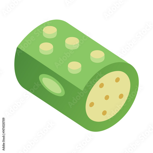 Green cylindrical object with circles against a black background