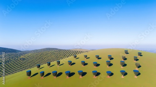 Andalusian Olive Grove  Aerial View of Rolling Hills  Cypress Trees  and Modern Art Instal