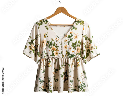 A stylish women's floral blouse with a V-neck and short sleeves, featuring a cream background with a delicate pattern of yellow and white flowers and green leaves