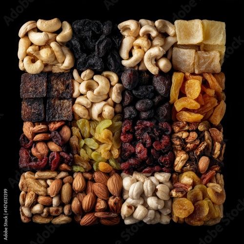 Colorful Array of Nut and Dried Fruit Variety on Black Background Showcasing Healthy Snack Options for Nutrition and Culinary Uses