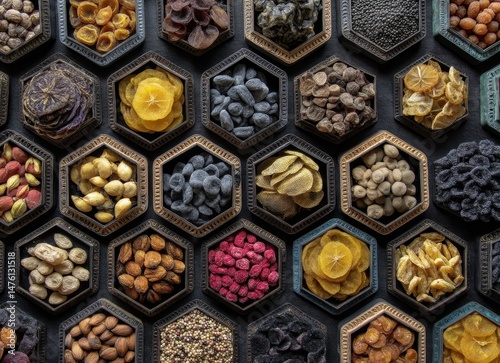 Colorful Array of Natural Dried Fruits and Spices Arranged in Hexagonal Containers for Culinary and Decorative Purposes in a Flat Lay Composition