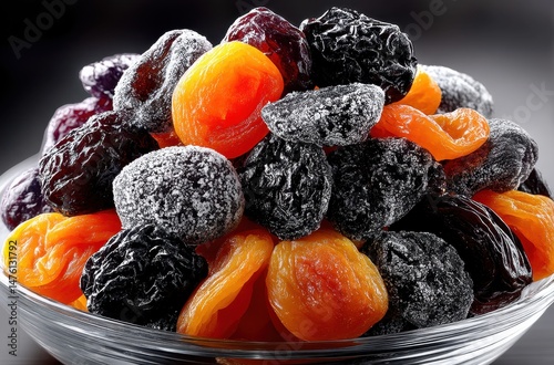 Colorful Assorted Dried Fruits in a Glass Bowl with a Matte Black Background for Healthy Lifestyle and Snacks Inspiration