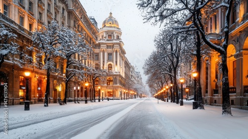 Snow-Laden Trees Lining the Streets of Bucharest on a Serene Winter Evening