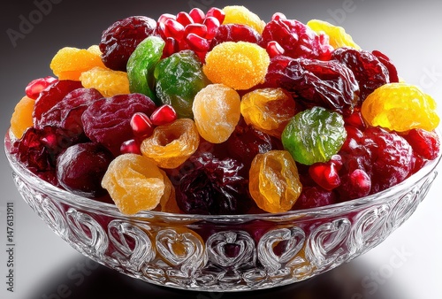 Colorful Assorted Dried Fruits in Elegant Glass Bowl, Perfect for Healthy Snacking, Cooking, and Festive Occasions, Showcasing Vibrant Colors and Textures