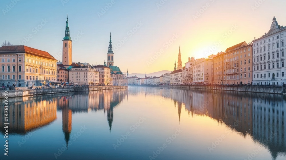 Obraz premium Stunning View of European City Skyline Reflected in Serene Water at Sunset