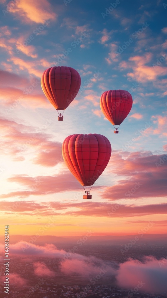 Naklejka premium Hot air balloons soaring above clouds at sunrise