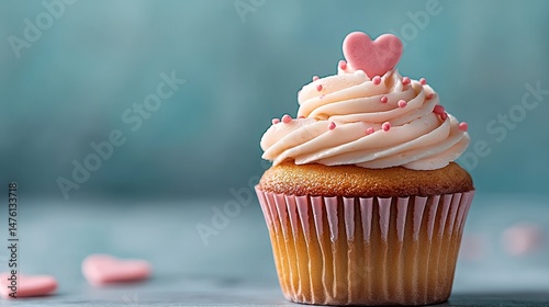 Close up of Vanilla Cupcake with Pink Frosting and Heart