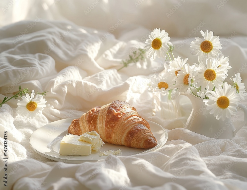 Delicate breakfast scene on a bed Delicate breakfast scene on a bed