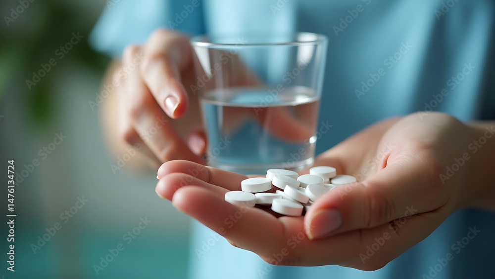 A close-up of hands holding a glass of water and several white tablets, symbolizing medication, health care, or pharmaceutical treatment. A close-up of hands holding a glass of water and several white tablets, symbolizing medication, health care, or pharmaceutical treatment.