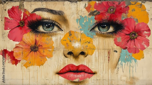 Floral Fusion: A captivating fusion of floral elements and artistic portrayal, portraying a human face adorned with vibrant blossoms, showcasing artistic expression, beauty and style.