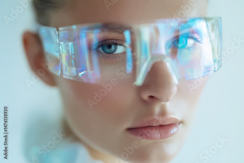 Close-up view of a person wearing futuristic eyewear. photo