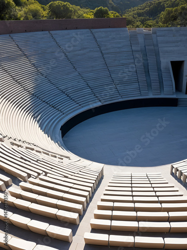 Rounded amphitheater seats in midday sun, create a fun shape