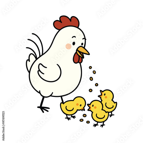 vector illustration of a chicken with chicks feeding