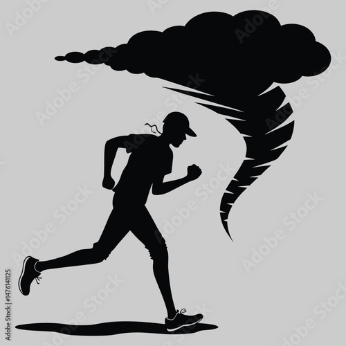 a tornado forming behind a running figure silhouette vector design art and illustration